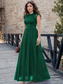 MIUSOL Elegant Floral Lace Mock Neck Cap Sleeve Pleated Hem Prom Party Dress Formal Evening Wedding Guest Gown, For Graduation, Dinner - Dark Green - View 2