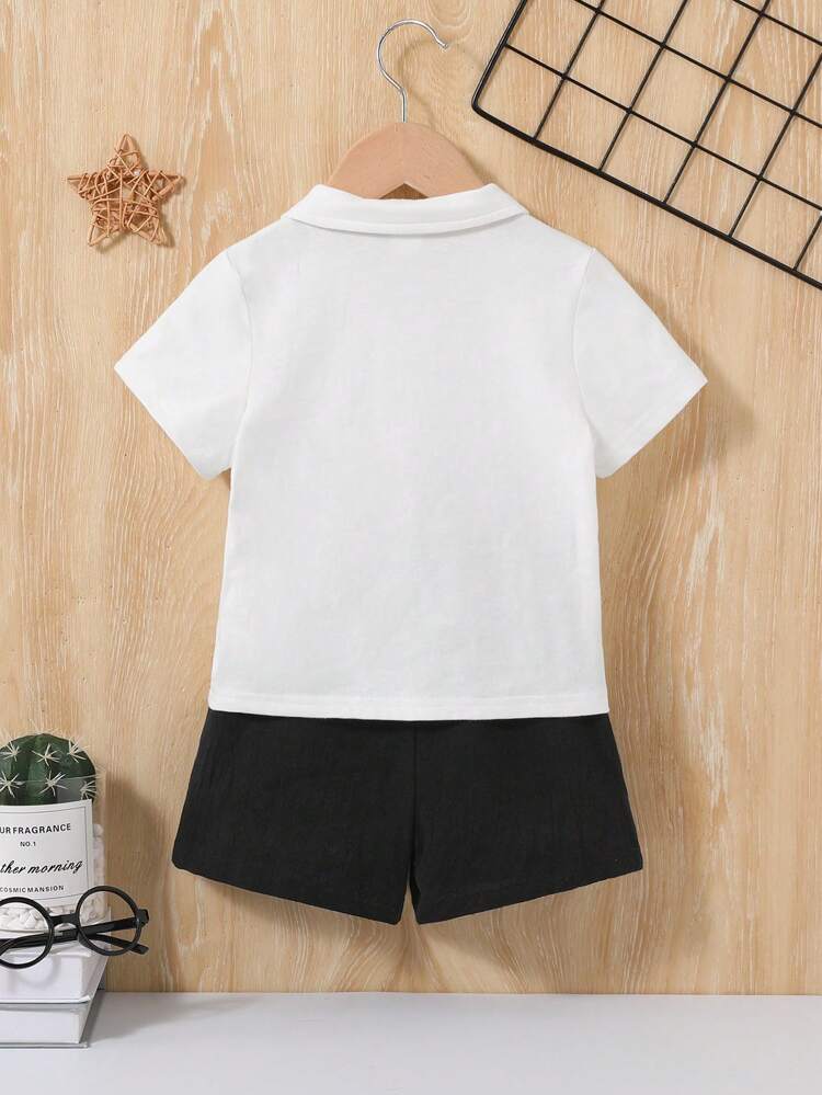 Baby Boy's Casual White Button-Down Shirt And Elastic Waistband Letter Pattern Shorts Set