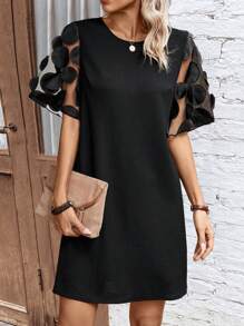 SHEIN LUNE 3d Mesh Short Sleeve Round Neck Dress - Black - View 1