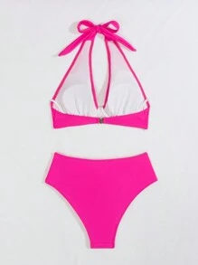 SHEIN Swim 夏季女士吊带侧蝴蝶结抹胸比基尼套装 - 粉色 - 查看 4