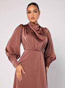 Modelyn Vestido Largo De Manga De Linterna De Mujer Con Cuello Envuelto Y Dobladillo De Volantes - Rosa - Ver 2