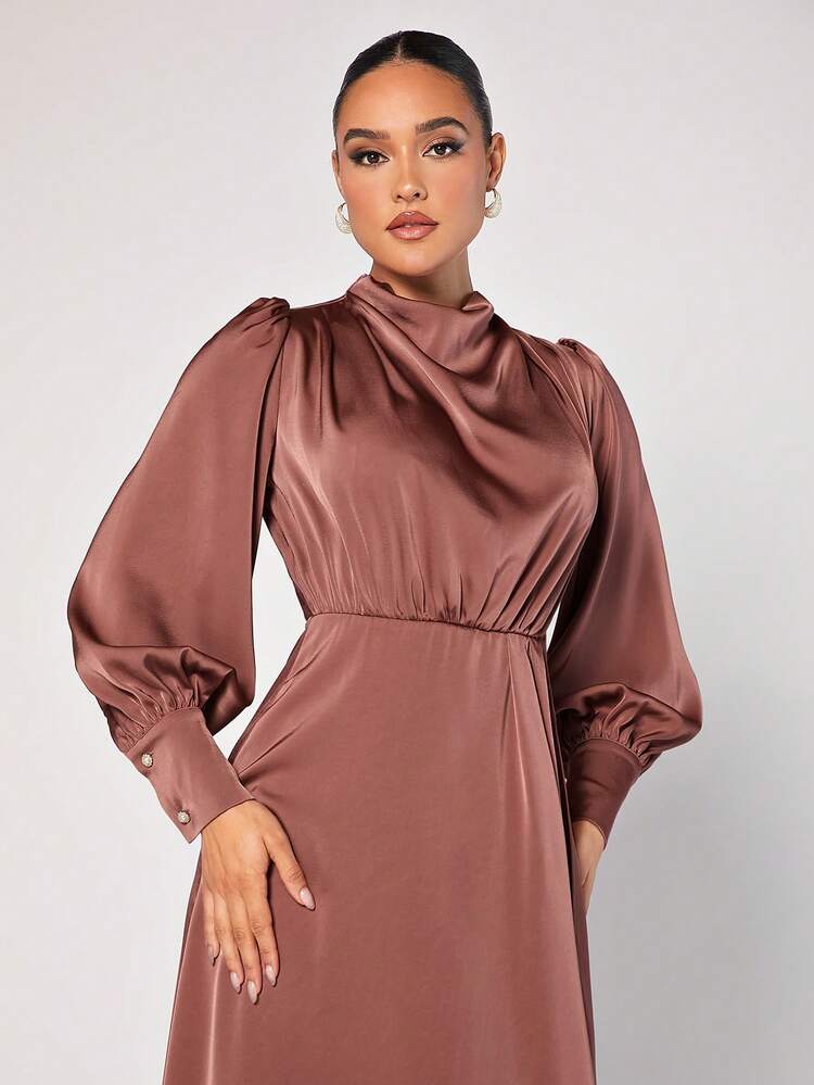Women's Lantern Sleeve Wrap Draped Collar Long Dress With Flounce Hem