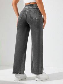 SHEIN Privé 女士高腰寬腿牛仔褲,設有口袋 - 深灰色 - 查看 2