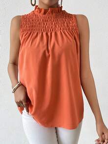 SHEIN Essnce Solid Color Pleated Ruffle Sleeveless Blouse - Redwood - View 3