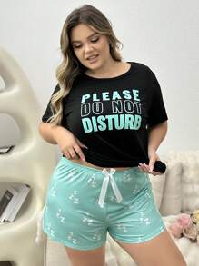 SHEIN 大码标语印花上衣和字母印花短裤睡衣套装 - 彩色 - 查看 6