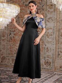 Modelyn 女士花卉印花露肩连衣裙，优雅晚会礼服长款晚礼服 - 黑色 - 查看 7