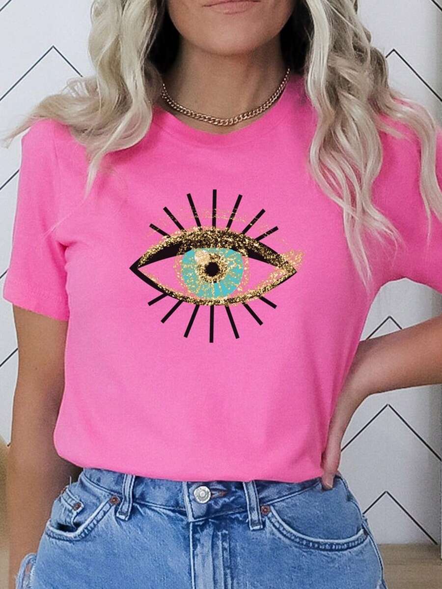 Chiquease Women's Eyeglasses Printed Round Neck T-Shirt - Hot Pink - View 1
