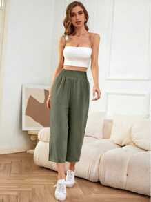 SHEIN LUNE Loose Fit Casual Elastic Waist Capri Pants - Mint Green - View 5