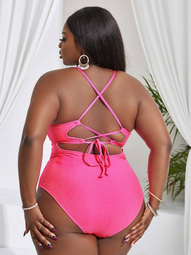 Summer Plus Size Solid Color Hollow Out One Piece Swimsuit