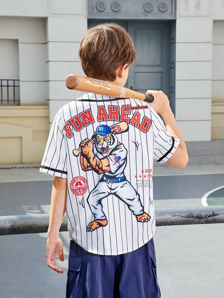 Tween Boys' Loose Fit Casual Short Sleeve Weave Shirt With Vertical Stripe And Single Breasted Button Closure