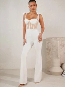 L'Amorae Women's Mesh Contrast Shoulder Tie Jumpsuit - White - View 5