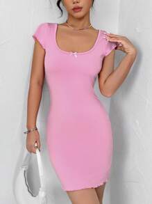 SHEIN Qutie Đầm bodycon trơn màu có trang trí nơ cho nữ - Hồng - Xem 1