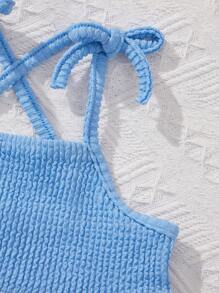 SHEIN Leap Crew Young Girl Knitted Solid Color Tank Top & Triangle Shorts Bikini Set, 2pcs Summer Beach - Blue - View 6