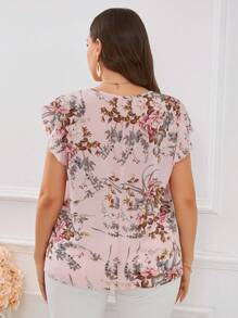 SHEIN Clasi Plus Size Women's Floral Printed Flutter Sleeve Floral Blouse - Hot Pink - View 2