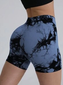 Easithlete 无缝扎染运动短裤紧身短裤蓝色短裤女士运动短裤、健身短裤、骑行短裤 - 藏蓝色 - 查看 3