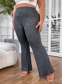 SHEIN CURVE+ Plus Size Ribbed Flare Leg Pants - Black - View 1