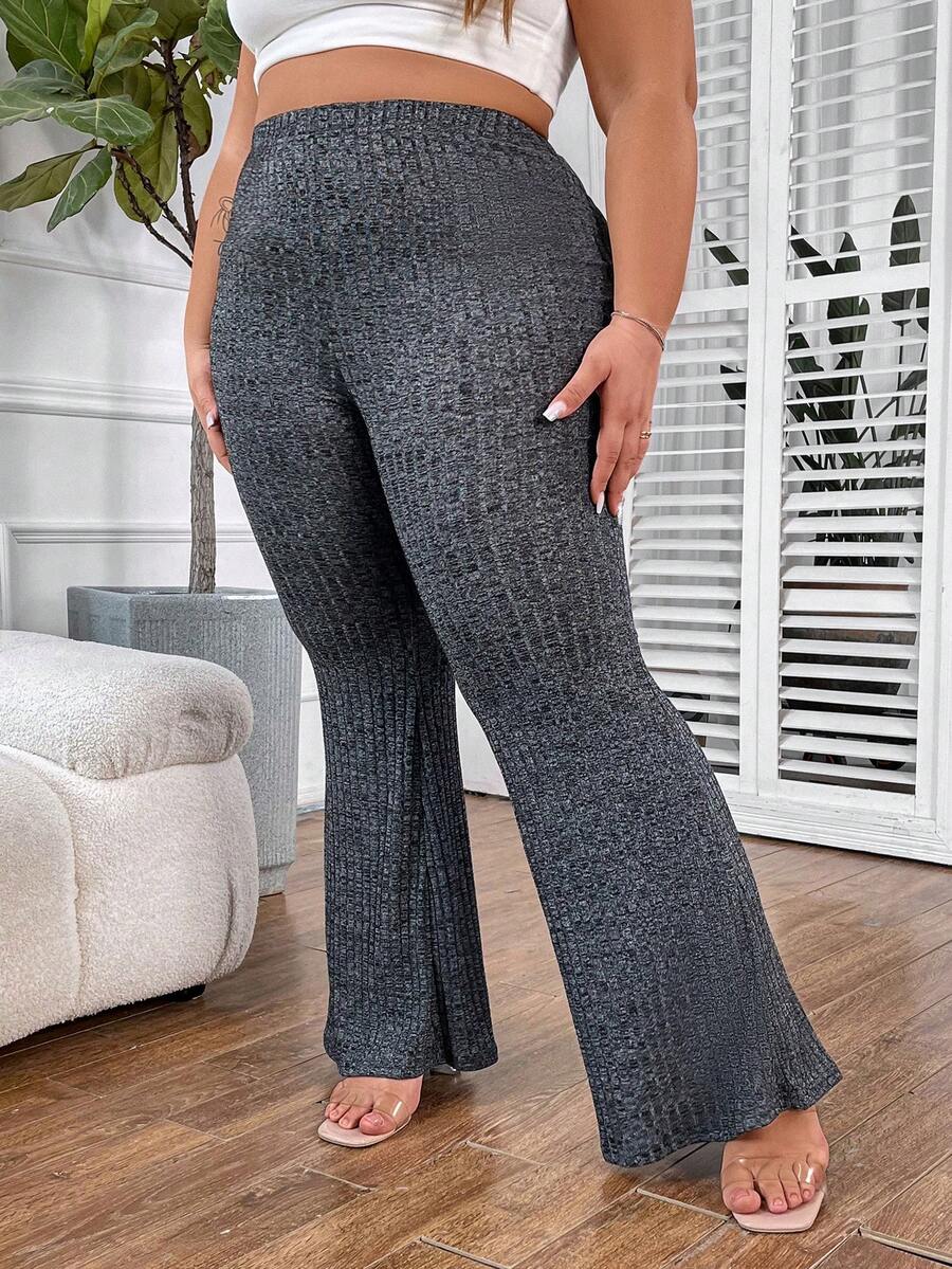 SHEIN CURVE+ Plus Size Ribbed Flare Leg Pants - Black - View 1