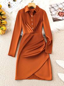SHEIN Clasi Women's Solid Color Long Sleeve Wrap Overlap Dress - Orange - View 1