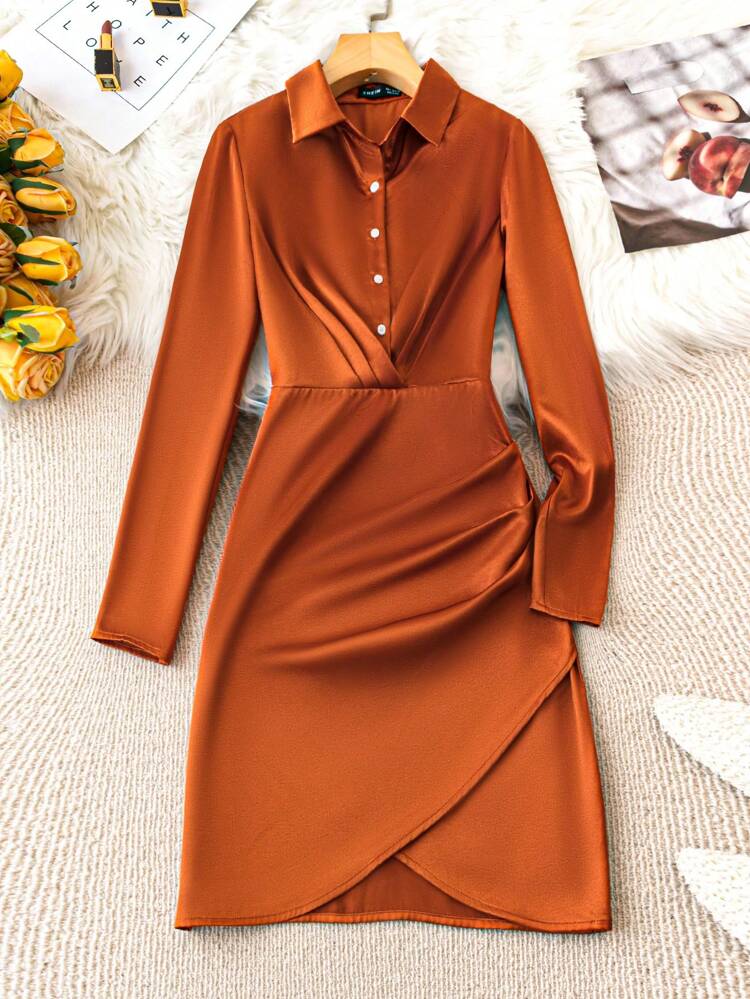 Women's Solid Color Long Sleeve Wrap Overlap Dress