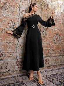 Modelyn Women's Geometric Pattern Asymmetrical Neckline Flare Sleeve Dress,Elegant Evening Party Dress Long Evening Dresses