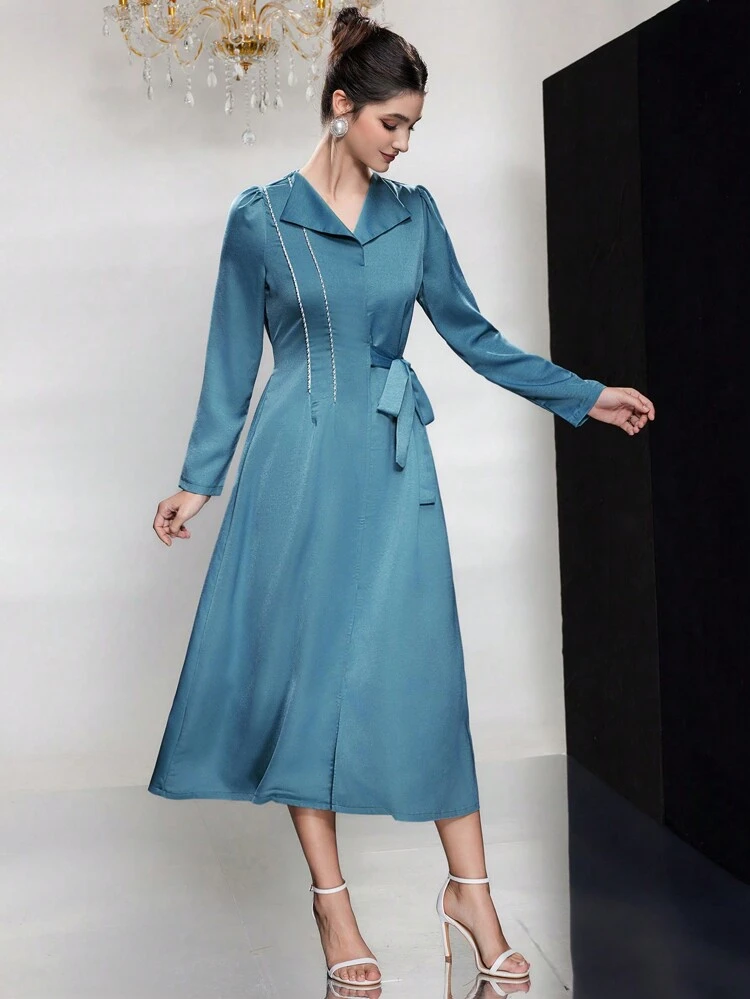 Women's Belted A-Line Dress With Woven Trim Detail Long Evening Dresses