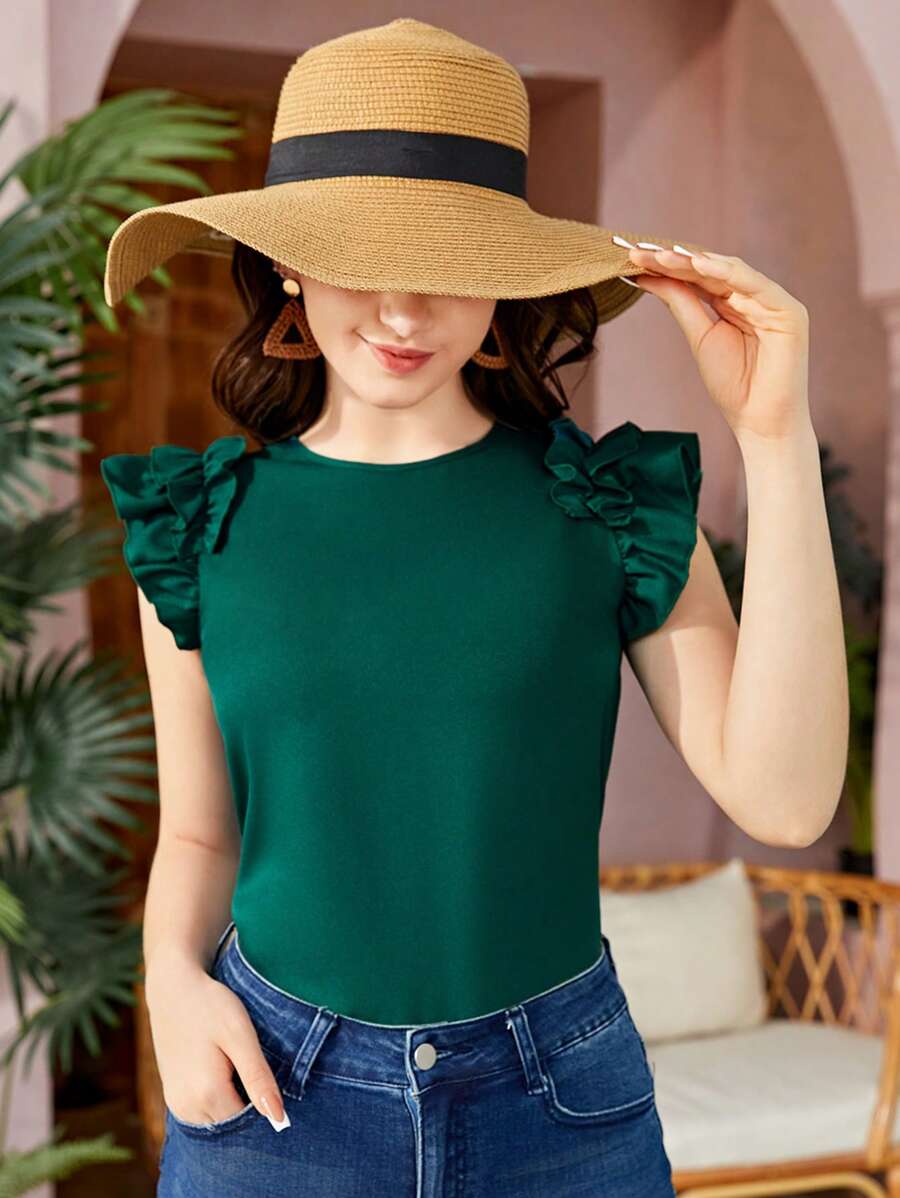 SHEIN Blusa Informal Con Cuello Redondo Y Dobladillo Con Volantes Tejido Para Chica Adolescente - Verde - Ver 1