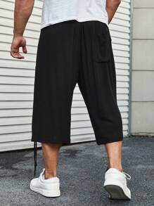 Manfinity Homme 男性大尺碼純色束腰短褲,帶斜口袋 - 黑色 - 查看 2