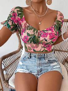 SHEIN Frenchy 女式露肩短袖植物印花衬衫、短袖上衣 - 彩色 - 查看 3