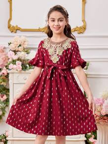 Vestido De Cuello Redondo Para Niñas Preadolescentes Con Mangas Y Dobladillo Con Volantes Decorados Con Encaje, Detalle De Lámina Dorada - Burdeos - Ver 4
