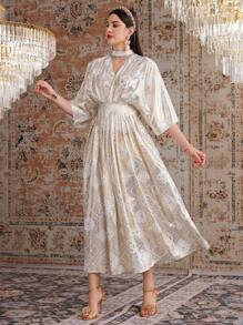 Modelyn Women's Long Hollow Out Arabic Style Stand Collar Dress