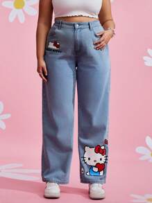 HELLO KITTY AND FRIENDS | SHEIN Jeans Rectos Con Gráficos De Caricaturas Para Tallas Grandes - Azul - Ver 1
