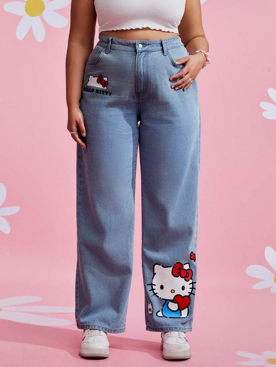 HELLO KITTY AND FRIENDS | SHEIN Jeans Rectos Con Gráficos De Caricaturas Para Tallas Grandes - Azul - Ver 1