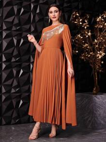 Modelyn Women's Glitter Fringed Hollow Out Cape Sleeve Bodycon Dress,Elegant Evening Party Dress Long Evening Dresses - Orange - View 4