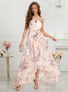 Cross-Back Printed Chiffon Dress With Lace Hemline - Multicolor - View 1