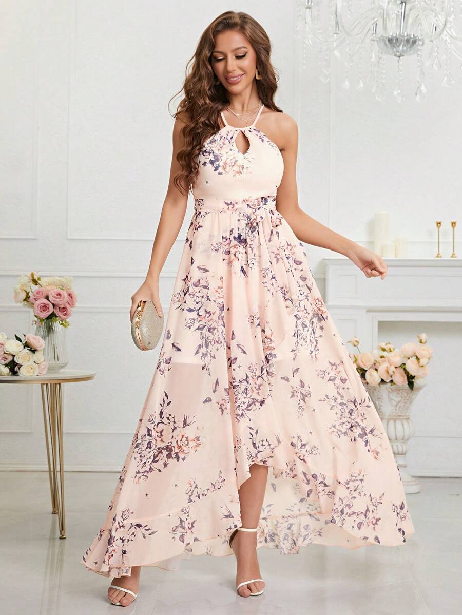 Cross-Back Printed Chiffon Dress With Lace Hemline - Multicolor - View 1