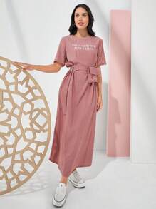 Mulvari Women's Arabic Style Letter Embroidery Textured Dress