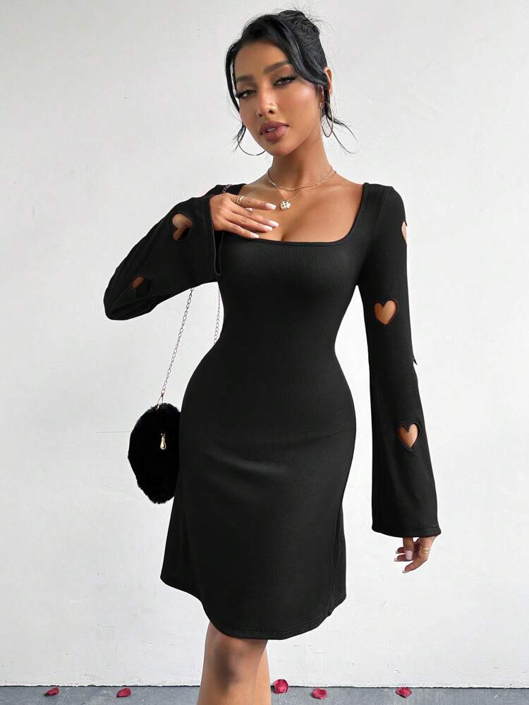 Casual Heart Shape Cut Out Square Neckline Dress For Valentine's Day