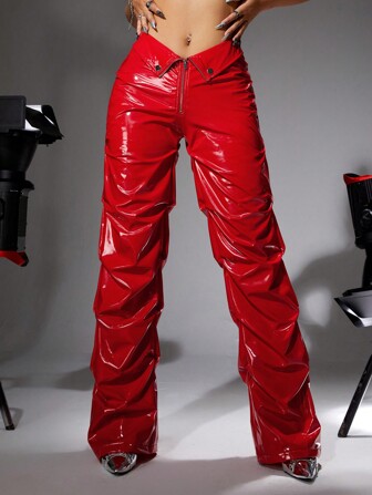GloRilla x SHEIN ICON Y2k紅色摺疊低腰修身pu長褲