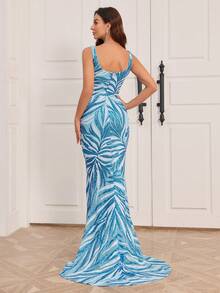 女式亮片無袖高側開叉人魚晚禮服 - 藍色 - 查看 2