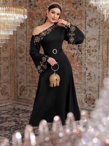 Modelyn Women's Geometric Pattern Asymmetrical Neckline Flare Sleeve Dress,Elegant Evening Party Dress Long Evening Dresses