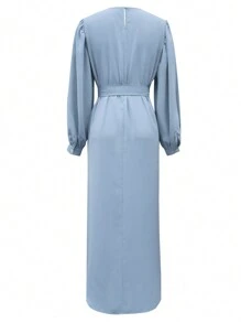 Women's Solid Color Round Neck Lantern Sleeve Fitted Modest Long Sleeve Dress - Blue - View 2