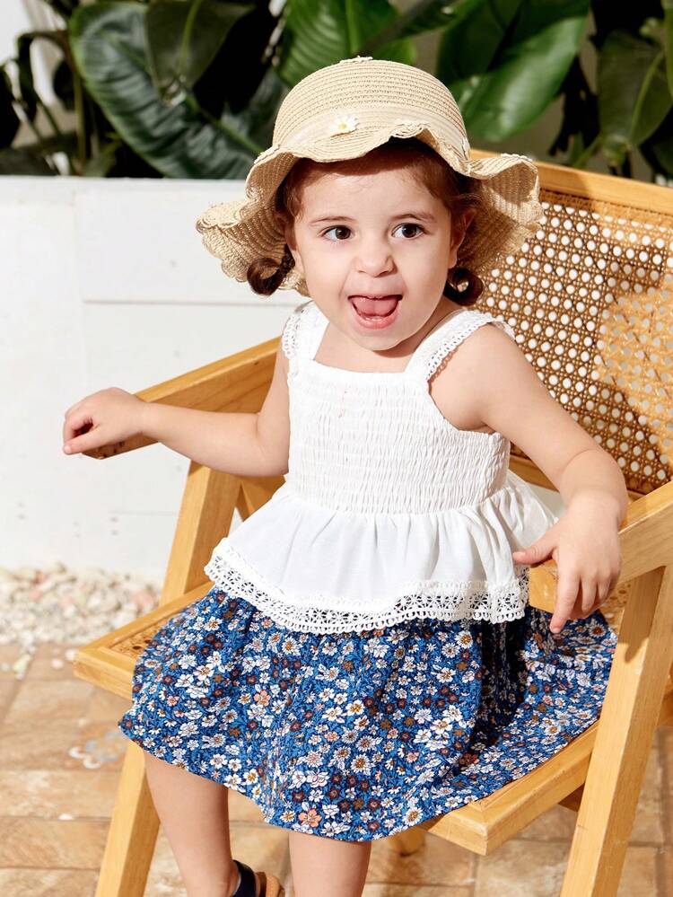 Baby Girl Summer Holiday White Ruffle Lace Tank Top & Floral Print Skirt Set