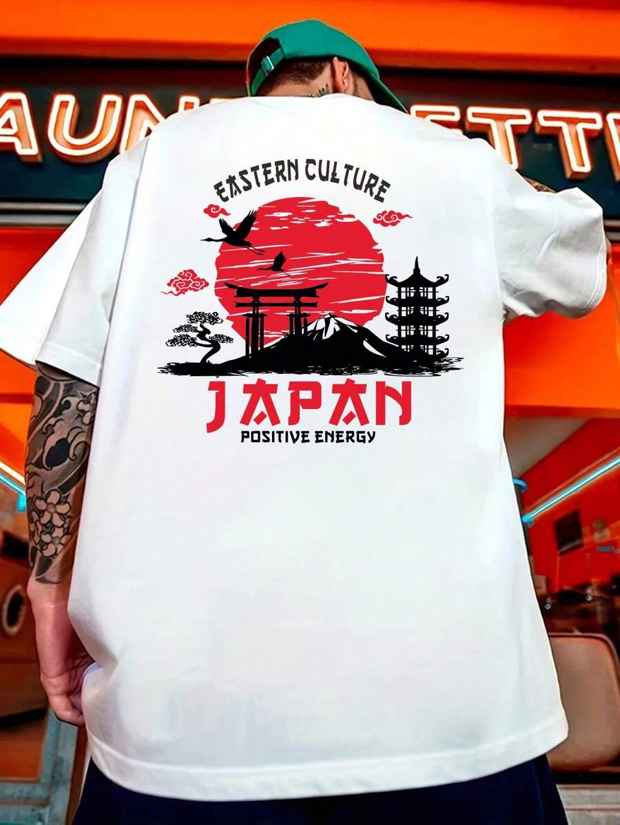 Men's Casual Landscape & Letter Print T-Shirt, Spring/Summer