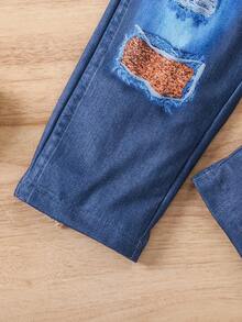 SHEIN 2 件套年轻女孩休闲蝴蝶印花 T 恤和牛仔效果裤套装，适合春秋季 - 彩色 - 查看 5