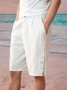 Manfinity VCAY Men's Striped Woven Casual Shorts - Black and White - View 3