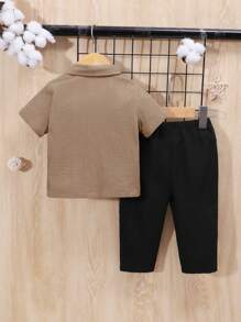 SHEIN Baby Boy's Button Down Collar Short Sleeve Top, Solid Color Long Pants Two Pieces Outfit