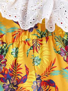 SHEIN Baby Girl's Summer Holiday Floral Print Splicing Ruffle Trim Jumpsuit - Yellow - View 4