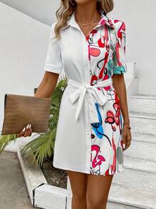 SHEIN LUNE Của phụ nữ In Vá lại Váy có thắt lưng - trắng - Xem 5