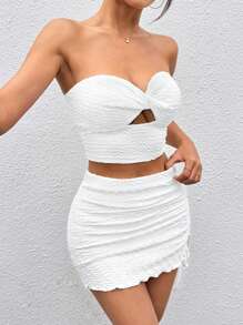 SHEIN EZwear Conjunto de top y falda de punto blanco ajustado para mujeres - Blanco - Ver 3