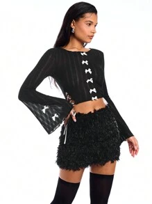 SHEIN BAE 女士復古蝴蝶結剪裁仿舊喇叭袖 T 卹 - 黑色 - 查看 3